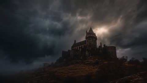 Storm Clouds Encircle Mysterious Medieval Castle at Twilight