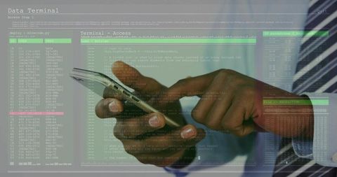 Businessman Multi-tasking with Smartphone and Digital Data Interface