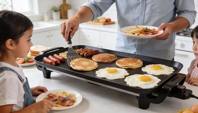 Family cooking breakfast on electric griddle pancakes eggs sausages bacon kids gathering