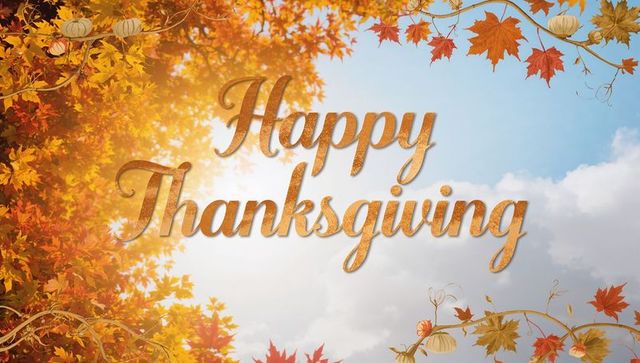 Happy thanksgiving greeting with golden calligraphy over autumn leaves, pumpkins, blue sky