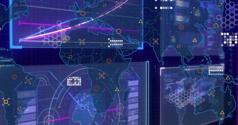 Futuristic tech interface with global map and data visualizations
