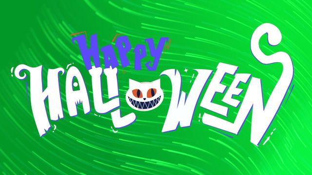 Vibrant and playful Halloween greeting featuring the text 'Happy Halloween' with spooky cat illustration on a dynamic green background. Ideal for Halloween party invites, social media posts, greeting cards, and festive banners. Eye-catching design perfect for setting a cheerful yet eerie tone.