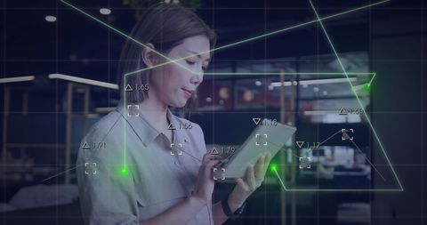 Businesswoman Analyzing Data with Digital Tablet in Futuristic Setting