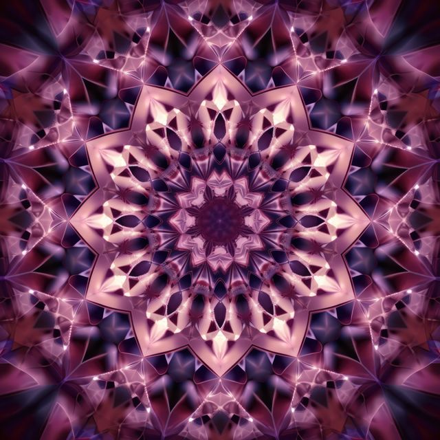 A symmetrical kaleidoscopic pattern dominates the image. Intricate designs and rich colors create a mesmerizing visual effect.