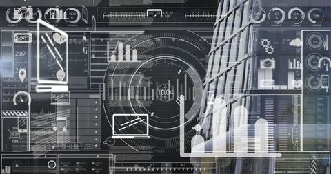 Abstract Digital Interface with Financial Data and Building overlay - Download Free Stock Images Pikwizard.com