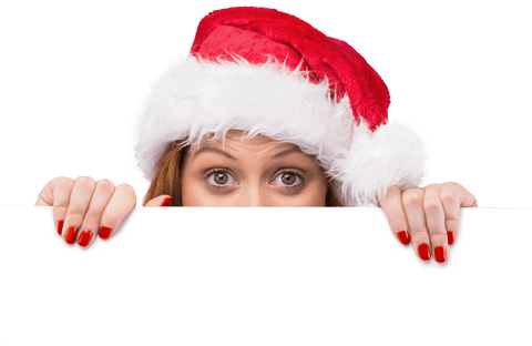 Female in Santa Hat Holding Blank Poster with Transparent Background