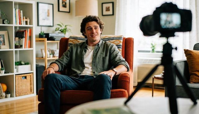 Young man vlogging from cozy living room chair with camera on tripod, casual home creator