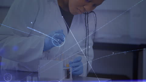 Female Scientist Analyzing Samples with Digital Overlay