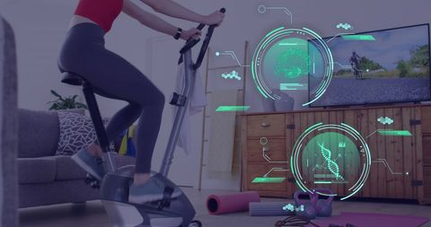 Caucasian Woman Exercising on Stationary Bike with Digital Interface