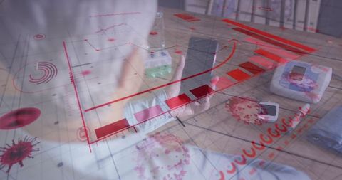 Elderly woman engaged with smartphone amidst virtual data visualization