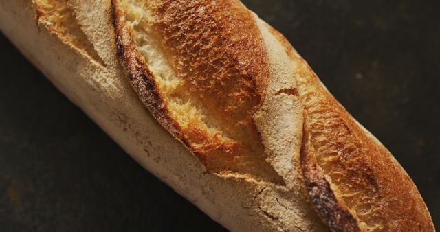 Close-up of a freshly baked artisanal baguette with a golden, crispy crust. This image is excellent for marketing materials related to bakeries, culinary blogs, recipe websites, or food-related publications. Perfect for representing the artisanal quality and craftsmanship that goes into baking high-quality bread. The rustic appearance of the baguette enhances its appeal for audiences seeking authentic and traditional baked goods.