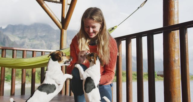 Smiling Woman Playing with Jack Russell Terriers on Wooden Porch - Download Free Stock Images Pikwizard.com