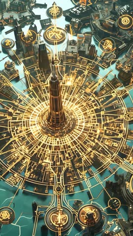 Vertical HUD rotating spire with pulsing golden rings and animated data nodes