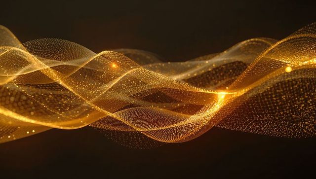 Golden particle wave mesh weaving glowing ribbon network with luminous dots and depth