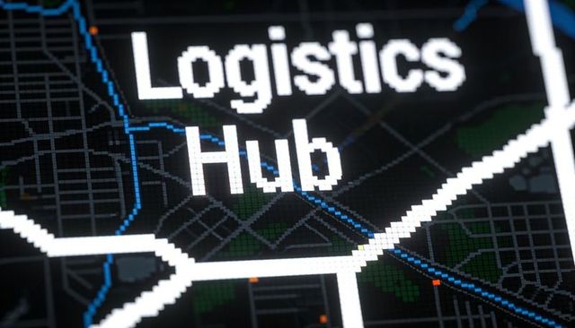 Logistics hub pixel map displaying urban routing, junctions, blue transit lines and grid overlay