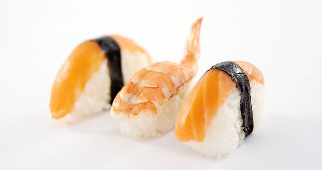 Close view of sushi nigiri topped with raw salmon and shrimp, neatly arranged on white background. Useful for illustrating authentic Japanese cuisine in menu designs, culinary blogs, restaurant promotions, and cooking classes. Perfect for showcasing seafood delicacies and traditional Japanese dishes.