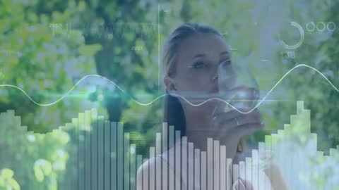 Woman Enjoying Wine with Data Visualization in Serene Garden