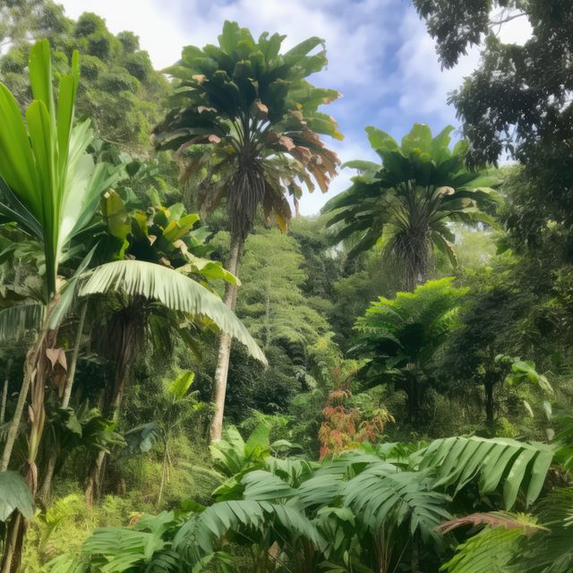 Dense tropical rainforest features a variety of lush plants and towering palm trees under a partly cloudy blue sky. Ideal for use in travel brochures, environmental awareness campaigns, nature blogs, and educational materials about tropical ecosystems.