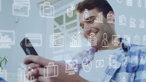 Businessman Engaged with Digital Interfaces on Smartphone