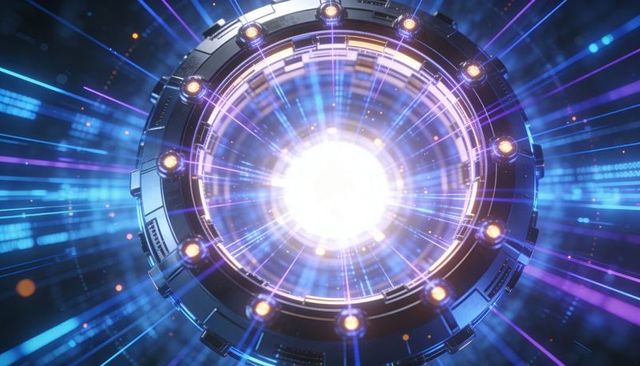 Futuristic Reactor Core Radiating Neon Energy Rings and Pulsing Light Beams