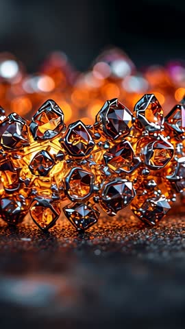Macro vertical video revealing glowing amber crystal bead cluster with dramatic bokeh