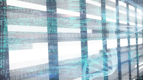 Futuristic DNA Strand Overlay on Data Server Storage