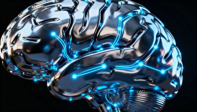 Glowing chrome brain emitting neon blue circuit traces on futuristic ribbed base