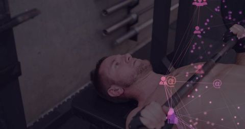Bare-chested athlete pressing barbell with magenta network overlay representing fitness data