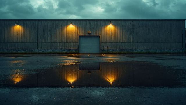 Moody urban warehouse at night with reflective puddle