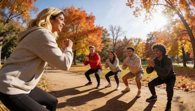 Female fitness instructor leading group squats in autumn park with colorful foliage