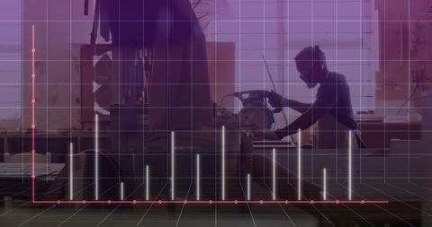 Woodworker Operating Vice With 3D Bar Chart and Purple Grid Overlay