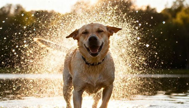 Bounding yellow labrador splashing through sunlit pond during golden hour