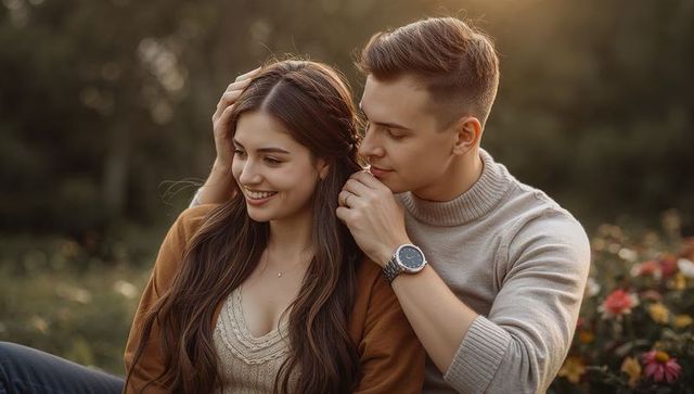 Young couple sharing tender golden hour moment while man tucking hair and fixing earring