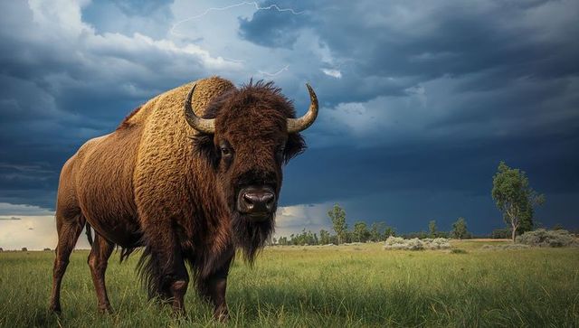 Majestic american bison standing on stormy prairie with lightning