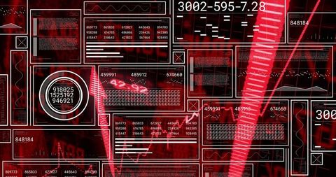 Futuristic red hud dashboard displaying data panels, telemetry, waveforms and metrics