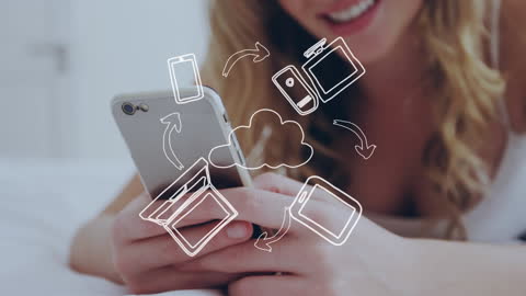 Woman Using Smartphone with Digital Business Icons Overlay
