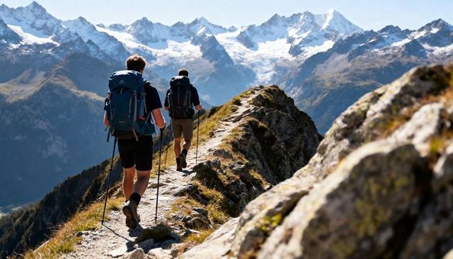 Two men hiking narrow alpine ridge with backpacks and trekking poles, snowcapped glacier peaks