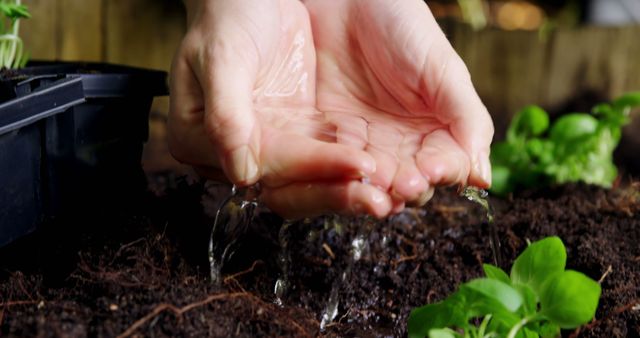 A close-up of hands gently watering young plants with a small stream of water in a garden, promoting growth and nurturing the environment. Ideal for use in contexts related to gardening tips, eco-friendly practices, home gardening activities, nature conservation, and outdoor hobbies.