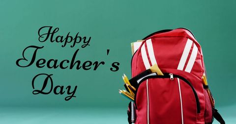 Happy Teacher's Day Banner with Red School Backpack and Pencils - Download Free Stock Images Pikwizard.com