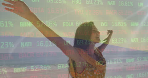 Woman Embracing Freedom with Digital Stock Overlay on Beach
