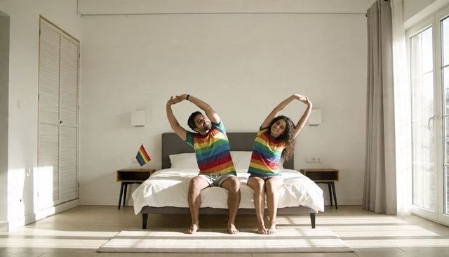 Sunlit couple stretching in matching rainbow shirts on bed celebrating pride morning