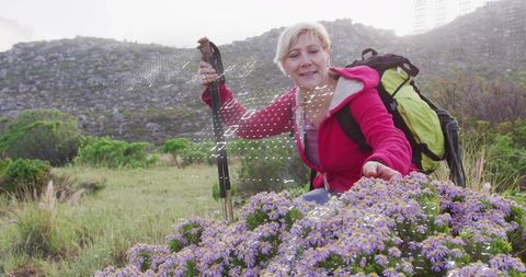 Woman adventurer exploring meadow wildflowers
