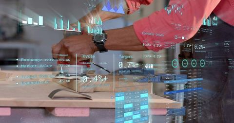African American Craftsman Sanding Wood Plank with Augmented Reality Financial Dashboard
