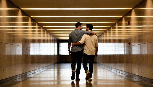 Two men embracing walking down modern corridor with reflective floor and backlit symmetry