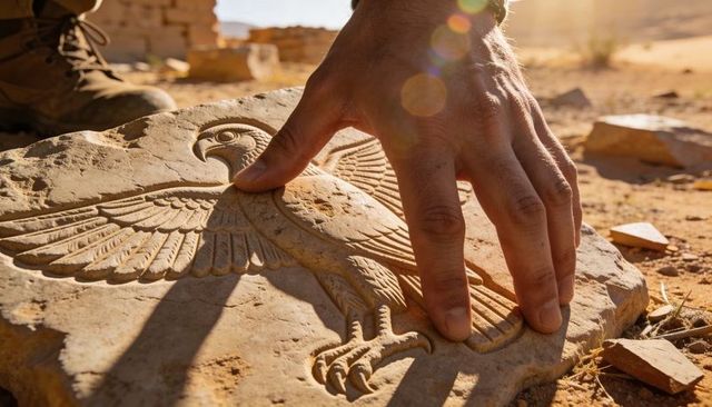 Expert hand examining ancient bird relief on sandstone slab in sunlit desert ruins, dig site
