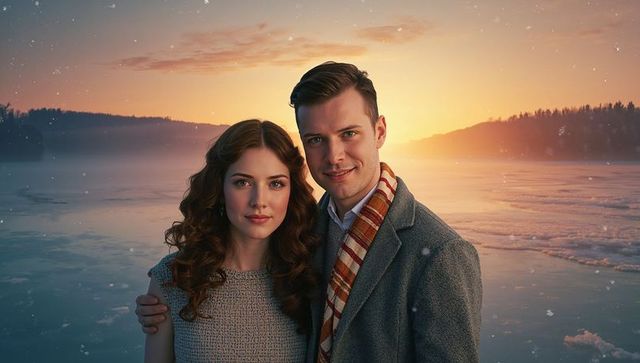 Romantic Couple Embracing on Snowy Frozen Lake at Sunset