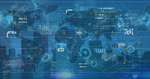 Digital Interface On World Map With Data Processing Visuals