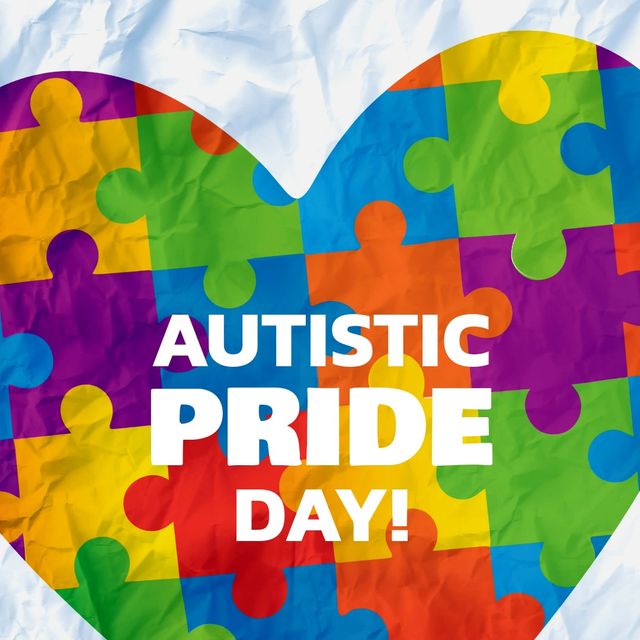 Digital composite image of autistic pride day text on colorful heart shape puzzle pieces. creative, pride celebration and awareness concept.