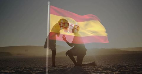 Romantic Beach Proposal at Sunset with Spanish Flag Overlay