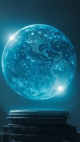 Materializing Earth Hologram Rotating Above Platform with Data Overlay Vertical Video